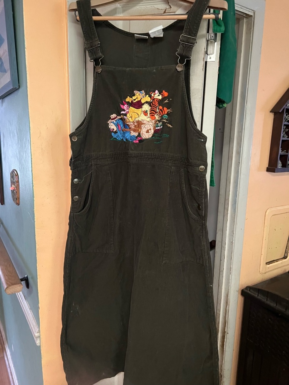 Vintage 90s Disney brown corduroy Overalls Dress with Winnie the Pooh Embroidery